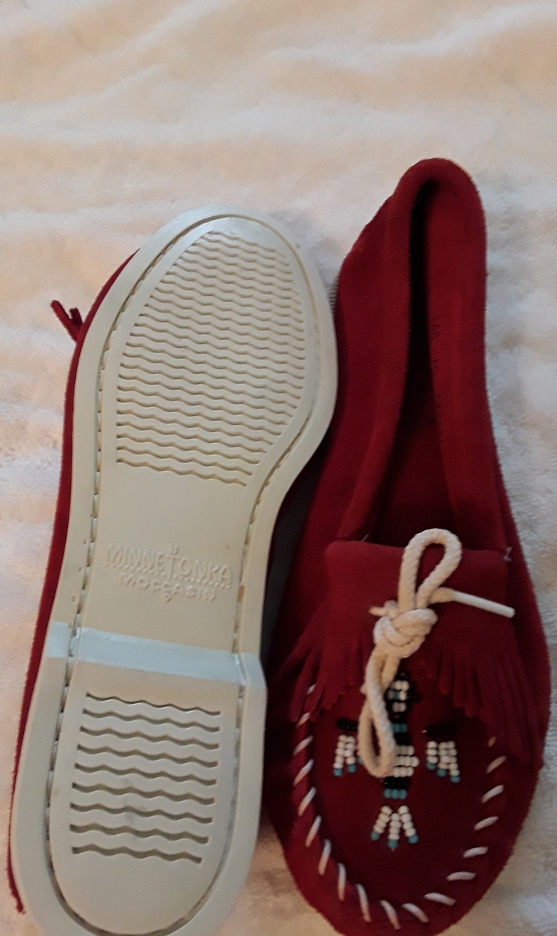 Minnetonka Red Suede Beaded Fringe Moccasins